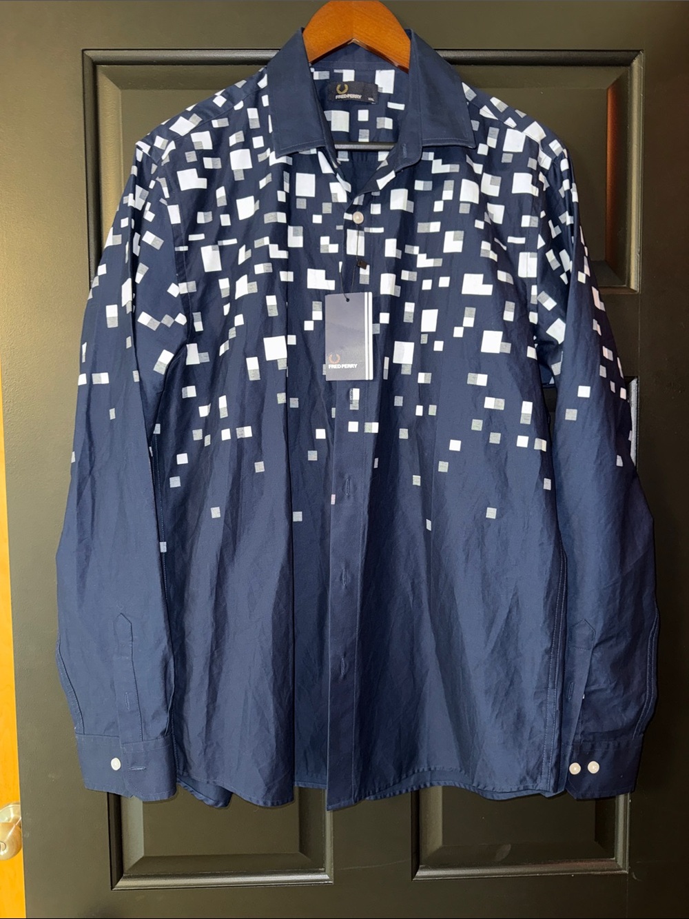 Fred Perry Navy Button Down with White Geometric Print